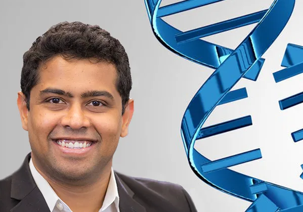 Headshot of Piyush Jain, Ph.D. on a an abstract background