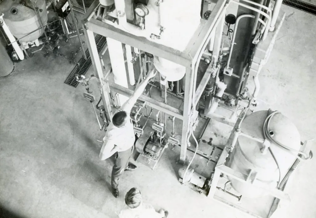 An image of the Units Ops Lab from the 1960s shot from above the distillation towers looking down.