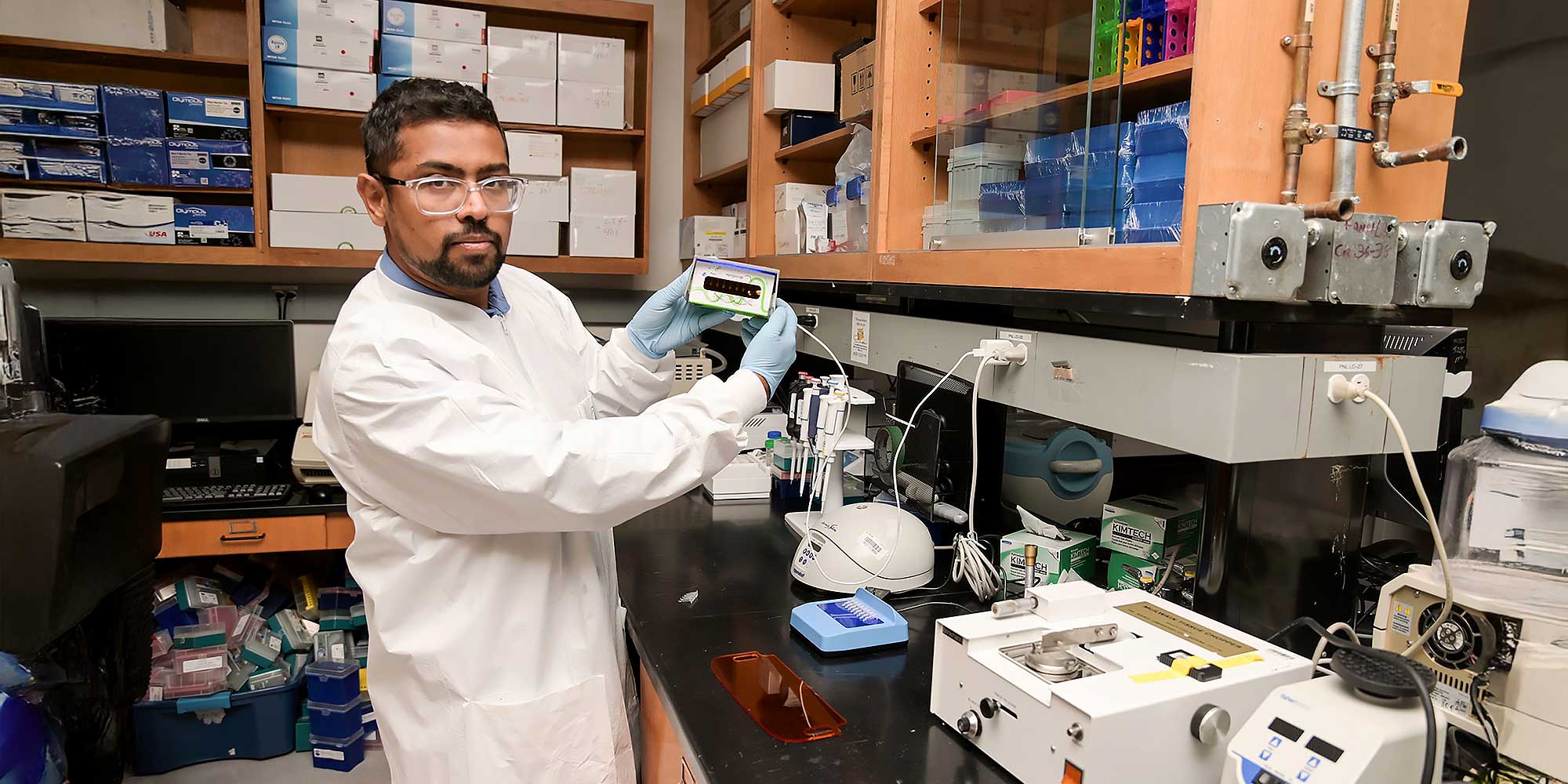 Chemical Engineering Professor Piyush Jain, Ph.D., is shown in his lab at UF Innovate.